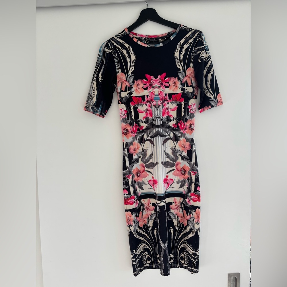Pink/Black Floral Midi Dress by Topshop